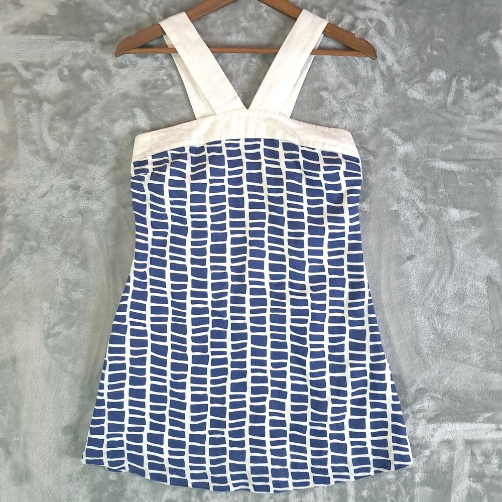 Island Company Hydra Linen Dress Small S Blue White Geometric Seabed Resort